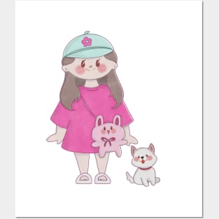 Cute little girl with a dog Posters and Art